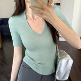 Mint Green Knitted Top Women's Summer 2025 New Thin U-Neck Fashion Fashion Slim Slim Slim Short-Sleeved T-Shirt