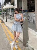 French Hanging Neck Sleeveless Blue Dress Women's Summer Design Feeling Bow Strap A Skirt Black Skirt