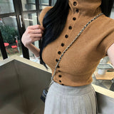 Temperament Slime Collar Single Buckle Top Autumn And Winter New Korean Sleeveless Knitted T-Shirt Women Ins