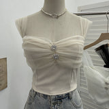 Real Shooting Net Red Pure Lust Folding Net Yarn Splicing Sling Sling Vest Bratie Short Sleeveless Top 8039