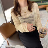 Spring And Autumn 2025 Knitted Shirt Thin Hollow Top Women's Long Sleeves Loose Breathable Coat Grid Simple Match