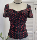 Love Print Small Bow Net Collar Folded Body Elastic Short-Sleeved T-Shirt 28313