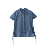 Summer New French College Style Temperament Drawstring To Close Waist Wood Ear Short-Sleeved Shirt Female Niche Design Top