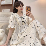 Cloud Cotton Pyjamas Girl Summer Sweet Princess Wind Short Sleeve Long Pyjamas Plus 250 Pounds Home Clothes Outside Wear
