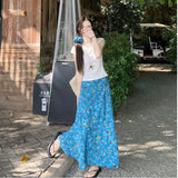 Fuya Temperament Set Women's Summer White Shoulder-Neck Short Sleeved T-Shirt High Waist Broken Flower Dress