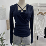 French Design Sense Hanging Neck Cross-Folded Long-Sleeved T-Shirt Inside The Fake Two-Piece Top Female 2767