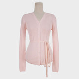 Spring New V-Neck Belt Temperament Thin Micro-Permeable Top Korean Linen Long-Sleeved Knitted T-Shirt Woman