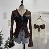 Real Shooting V Tie With Retro 2025 New Hottie Sexy Lace Splicing Pu Leather Hollow Shirt Top 6108