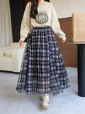 New Autumn Lattice Splicing Large Swing Net Yarn Half-Dress Classic High-Rise Thin A-Word Long Skirt Woman