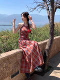 Red Lattice Dress Niche Hanging Neck Sling Skirt Girl Summer Bare Back Strap A Skirt Temperament Seaside Dress