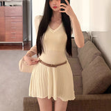 V Collar Half-Sleeved Knitted Dress Woman 2026 Summer Babes Slimmed Short Skirts Thin Waist A-Word Dress