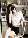 Round-Necked Hottie Shoulder T-Shirt Girl Autumn New Retro Pure Desire To Cultivate Long Sleeves Short Blouse