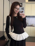 Ballet Lace Splicing Bumpy Long-Sleeved T-Shirt Girl Autumn Hottie Thin Shoulder Bottom Shirt Inside Ins Top