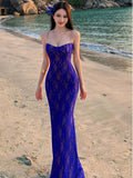 The Royal Sister Wears A Seaside Vacation Retro Blue Lace Temperament Dress Is Particularly Beautiful Threous Beach Dress
