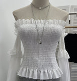 Render Tight Shoulder Bra With Long-Sleeved Lotus Leaf Side Short Chiffon Sexy Shirt 0899