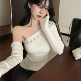2025 Autumn And Winter New T-Shirt Offensive Slanted Short-Edose Blouse Korean Version Of Hottie Solid Color Long-Sleeved Bottom Shirt Woman