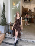 French Beauty Leaves Side Sling Dress Female Summer Temperament Irregular Seaside Vacation Waist A Word Skirt