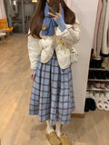 Vintage Blue Lattice Half Skirt Autumn And Winter Temperament Of High-Grade College High-Waist Small Long Dress Girl