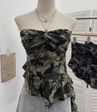 Vintage Camouflage Brat Vest Female Niche Irregular Ribbon Hole Babes Y2k Sleeveless Top 1229