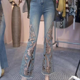 2026 Summer New Fashion Hollow Embroidery Hot Jeans Women's Heavy Industry High Waist Repair Nine Small Trousers