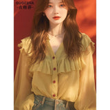 Yellow Lotus-Leaf-Side V-Neck Shirt Women's Autumn Pop Chic Niche Design Top Elegant Chiffon Shirt