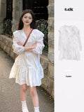 Gentle Temperament White Doll Dress Hollow Lotus Leaves Side Splicing Dress Women Tea Break French First Love Orange Tuk Tuk Tuk Tuk Tuk Tuk Tuk Tuk Tuk Tuk Tat