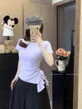 Purple Irregular Slanted Loaf Side Short-Sleeved T-Shirt Girls Summer Thin Knitted Shirt Waist Thin Temperament Top