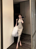 Temperament Cross-Hanging Neck Dress Woman Spring Hottie Knitted Skirt Female Sexy Tight Ass Long Dress