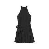 French Hanging Neck Sleeveless Blue Dress Women's Summer Design Feeling Bow Strap A Skirt Black Skirt