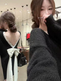 Black Bow With Bare Back V-Necked Sweater Women's Autumn/Winter 2026 New Lazy Wind High Sense Loose Knitting Top
