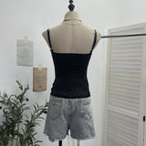 Spiced Lace Pu Skin Spliced With Chest Cushion Perspective Sling Vest Back Blouse 1375