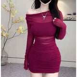 2025 Pure Temperament Long-Sleeved Slimming Net Yarn Sexy Bag Hip Skirt Top + Short Skirt