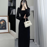 2025 Spring Long Sleeve French Waist Design Sense Of Medium Long Temperament New Square Neck Display Thin Dress Casual