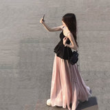 Summerwear Set With A Set Of Black Sling Vest Top Pink A Half-Body Dress Two-Piece