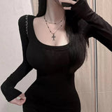 Autumn And Winter New U Collar Tight Bosom Thin Micro-Permeable Top Temperament Set Up Body Long Sleeve Bottom Shirt T-Shirt Woman