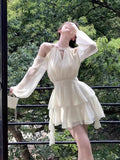 French Temperament Sexy Shoulder Hanging Neck Lotus Side Waist Chiffon Dress Women 2026 Summer New Dress