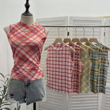 Double-Layer Mesh Vest Retro Design Slim Slimming Sleeveless T-Shirt Short Top 8036