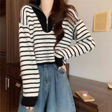 Autumn And Winter Languid Soft-Crelenting Short-Sleeved Knitted Shirt Half-Zip Striped Collar Sweater