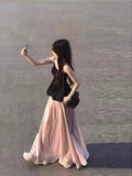 Summerwear Set With A Set Of Black Sling Vest Top Pink A Half-Body Dress Two-Piece
