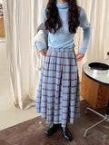 Vintage Blue Lattice Half Skirt Autumn And Winter Temperament Of High-Grade College High-Waist Small Long Dress Girl