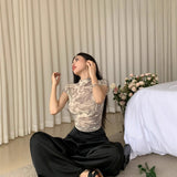 Repairing Sexy Short-Sleeved T-Shirt Girl Summer Hottie Half-High Collar Design Tie Dye Top