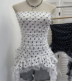 Real Shooting Wave Point Printing Yarn Tectonic Tector Vest Irregular Splicing Lace Ribbon Ribbon Leaves Edge Sleeveless Top 7231