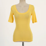 Bright Yellow Double U-Neck Short-Sleeved T-Shirt Women's Five-Point Sleeve Sleeve Top Temperament Tight Body Stature