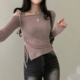 Spring New Out-Shoulder Tie Bow Design Blouse Oblique Shoulder Collar Drawstring T-Shirt Long Sleeve Fork Sweet