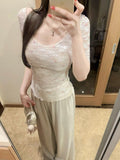 Pure Lust Wind Mesh Fake Two-Sleeved T-Shirt Girl Summer New Slimmed Hot Girl U Collar Broken Lace Top