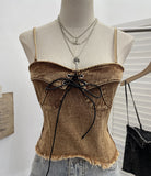 Real-Hand Washing Denim With Bow Strap Sling Vest Irregular Hairy Short Sleeveless Topsuit 8918