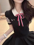 Small Fragrant Temperament Bow Embroidery Clamic College Wind Reduction Jab Knitted Short-Sleeved T-Shirt Women's Tide Top