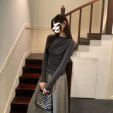 Lyselle's Silk Wool Folds Back-Round-Neck Long-Sleeved T-Shirt For Women's Commute To The New Autumn Top