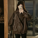 Black Retro Locomotive Collar Pu Leather Coat Female Cool Wind 2025 Spring And Autumn New Leather Jacket Top