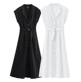 Spring New Women's Solid-Color Suit Collar Single-Dneck With Belt Shirt-Style Fan Flute Dress